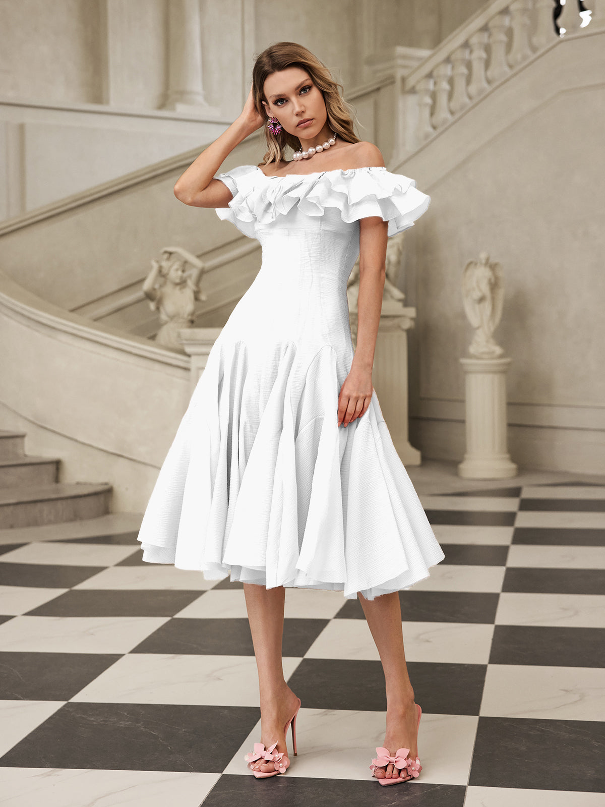 apphia Off Shoulder Ruffle Midi Dress In white Avalabel