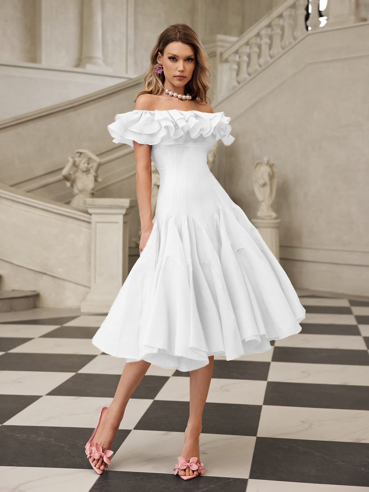 apphia Off Shoulder Ruffle Midi Dress In white Avalabel