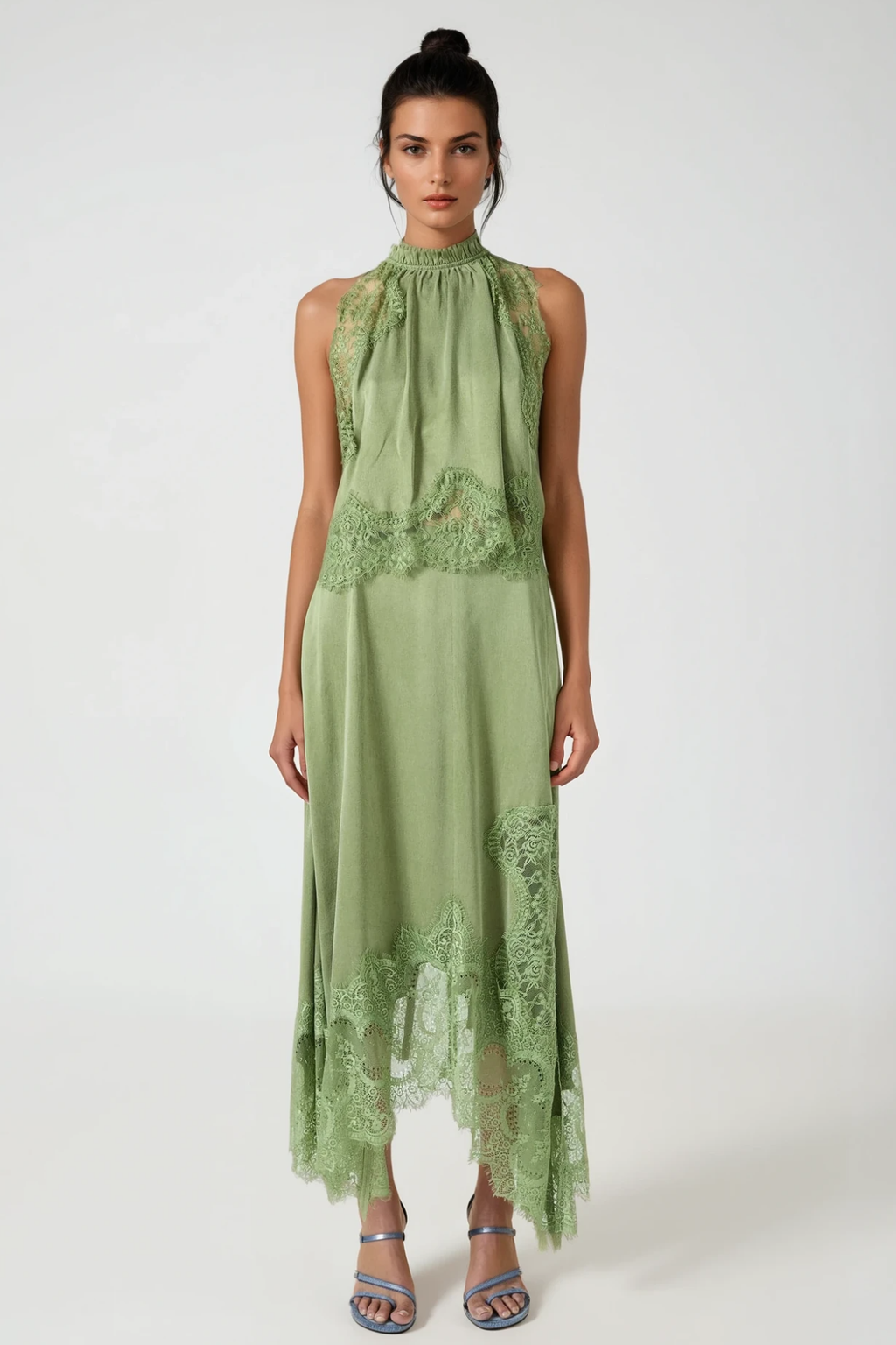 Gavia Sleeveless Lace Top & Midi Skirt Set - Green Avalabel
