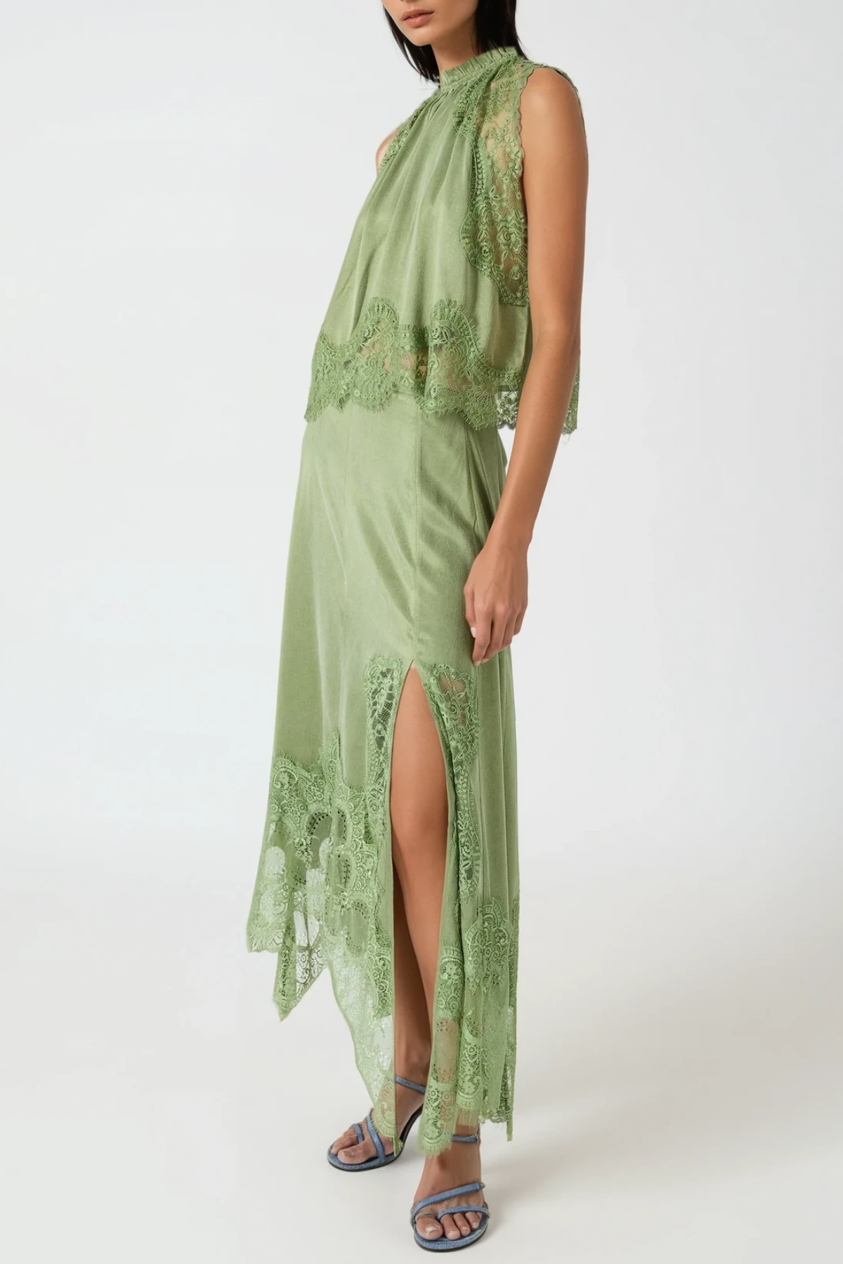 Gavia Sleeveless Lace Top & Midi Skirt Set - Green Avalabel