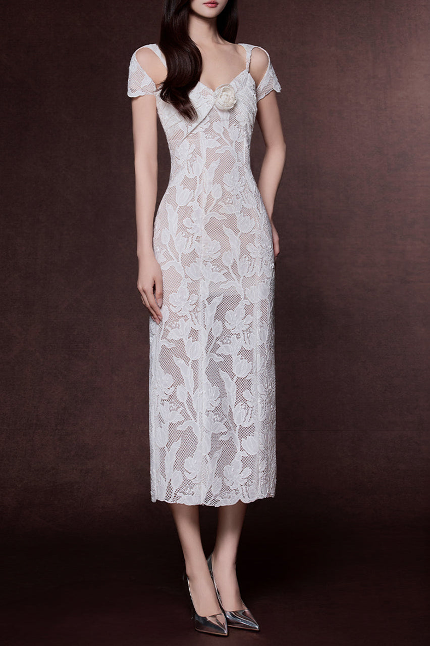 Phoenix Floral Applique Hollow Lace Midi Dress - White Avalabel