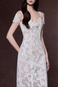 Phoenix Floral Applique Hollow Lace Midi Dress - White Avalabel