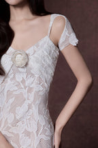 Phoenix Floral Applique Hollow Lace Midi Dress - White Avalabel