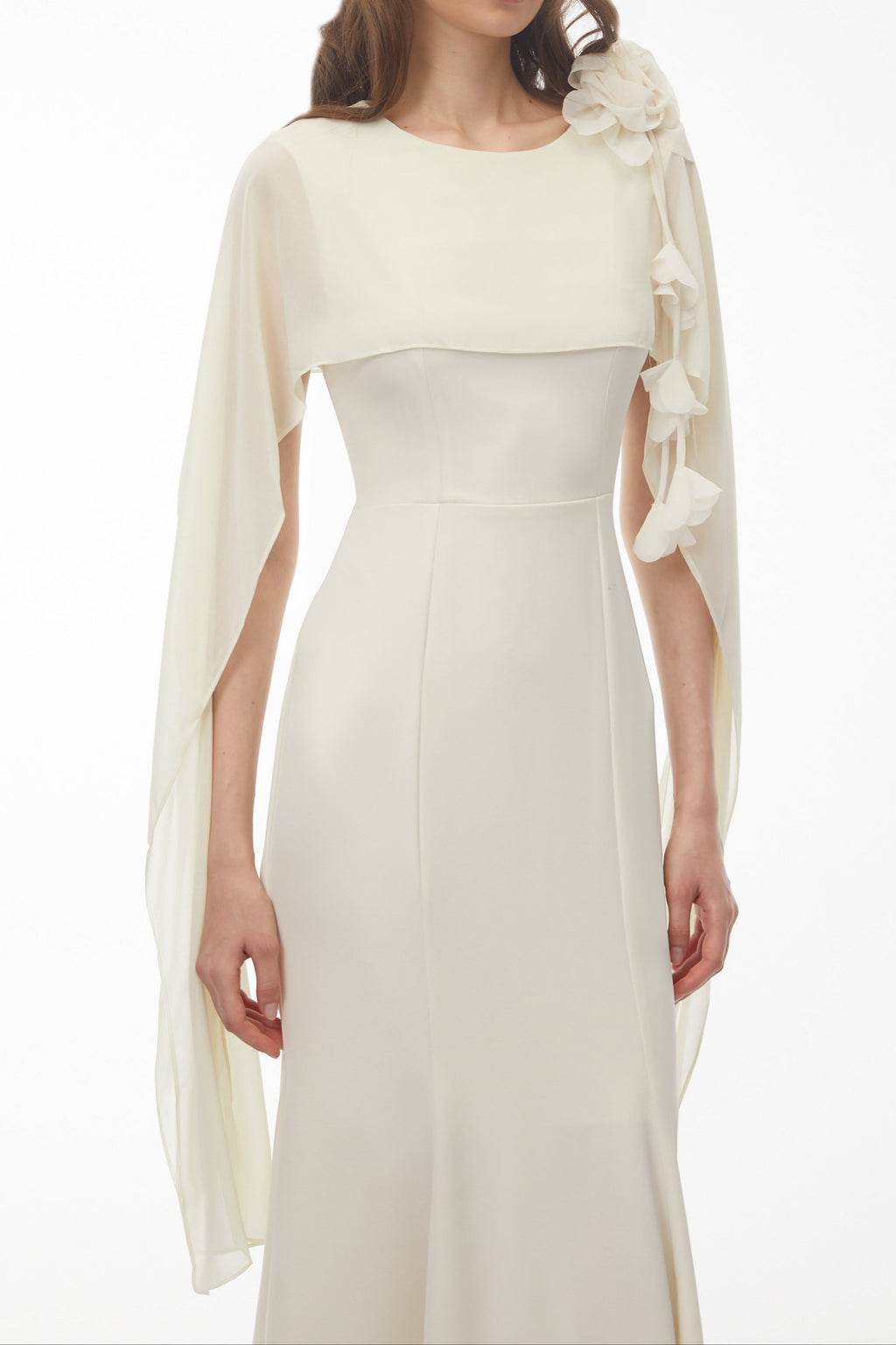 Cape Sleeve 3D Floral Chiffon Midi Mermaid Dress poava