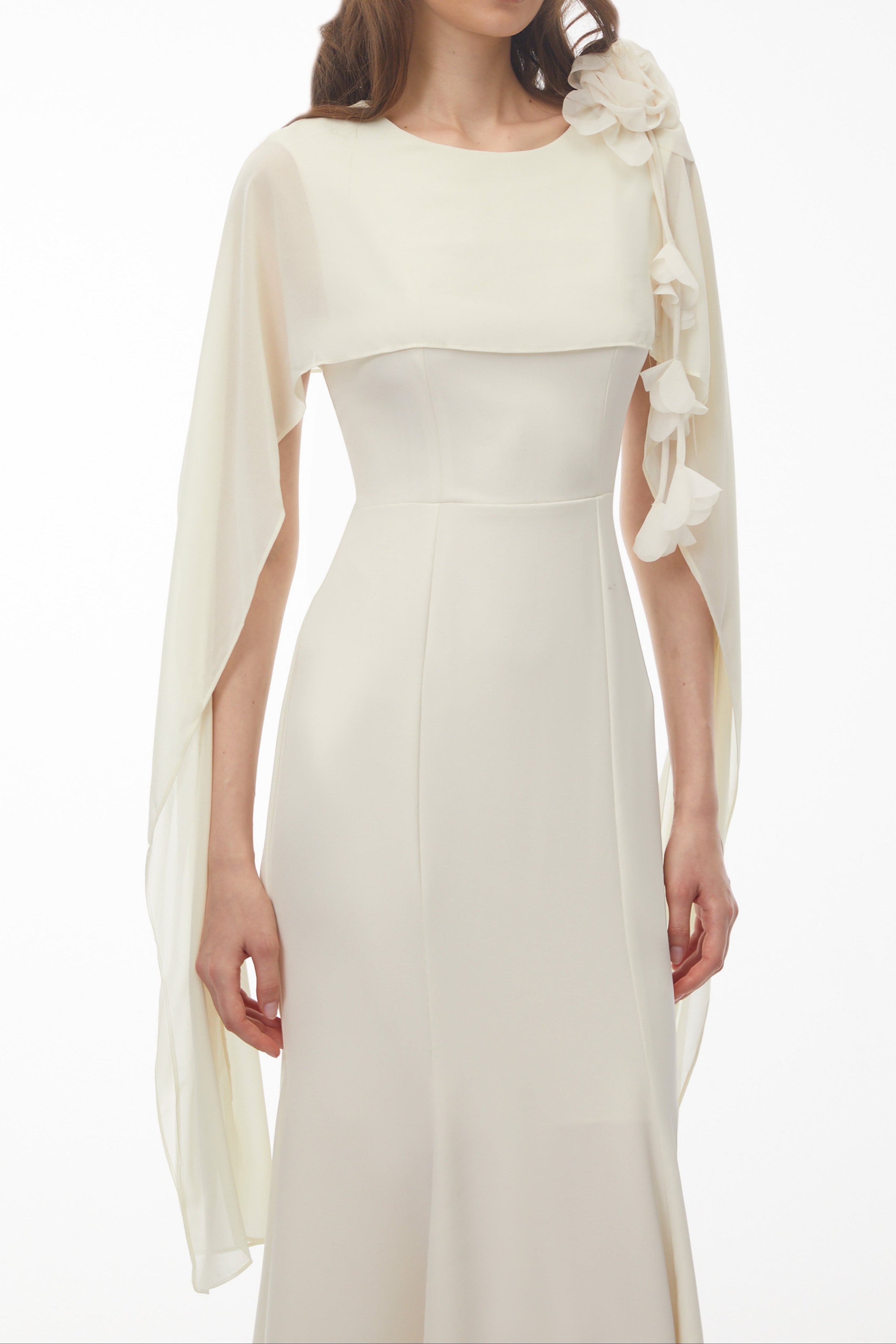 Cape Sleeve 3D Floral Chiffon Midi Mermaid Dress poava