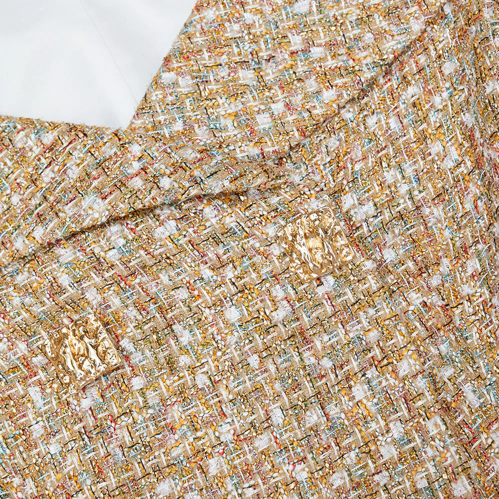 GOLD TINSEL BOUCLE OFF SHOULDER MINI DRESS Avalabel