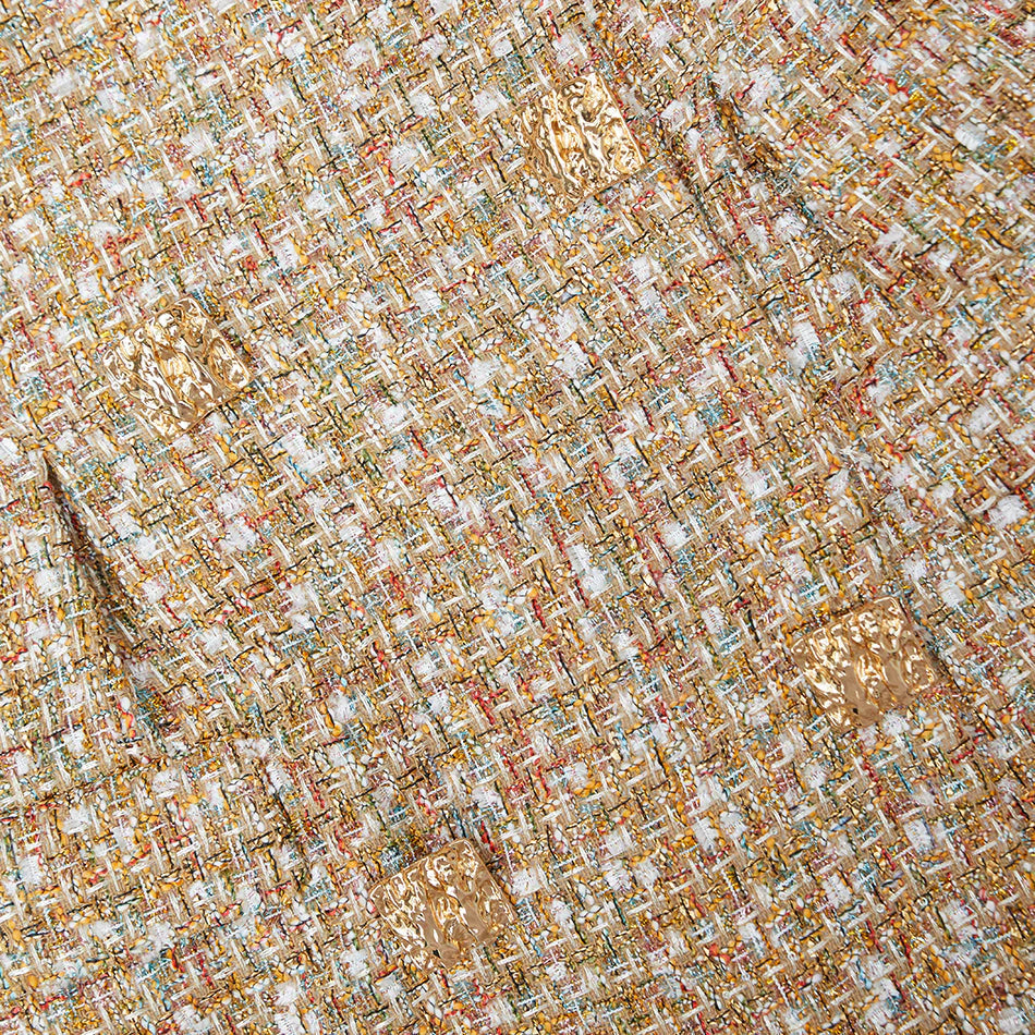 GOLD TINSEL BOUCLE OFF SHOULDER MINI DRESS Avalabel
