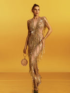 Roberta Fringe Sequin Crystal Maxi Dress In Gold Avalabel