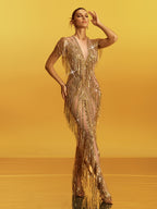 Roberta Fringe Sequin Crystal Maxi Dress In Gold Avalabel