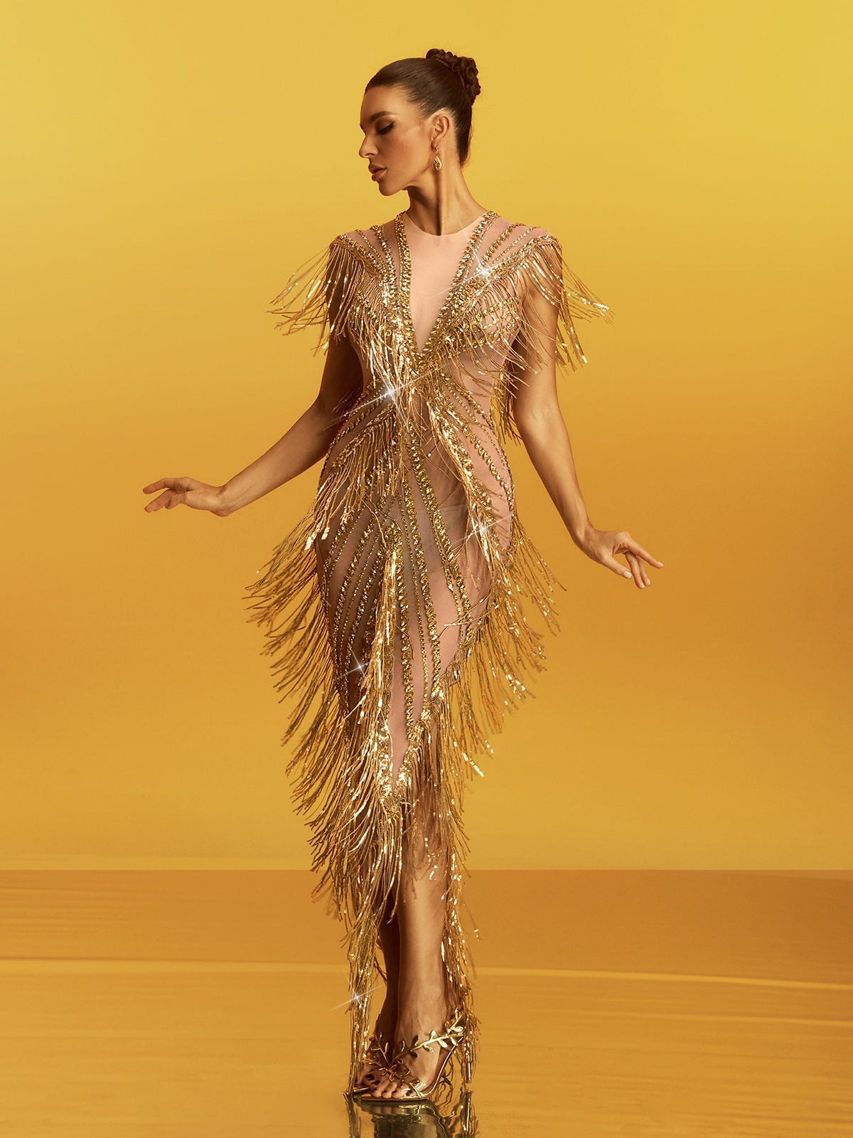 Roberta Fringe Sequin Crystal Maxi Dress In Gold Avalabel