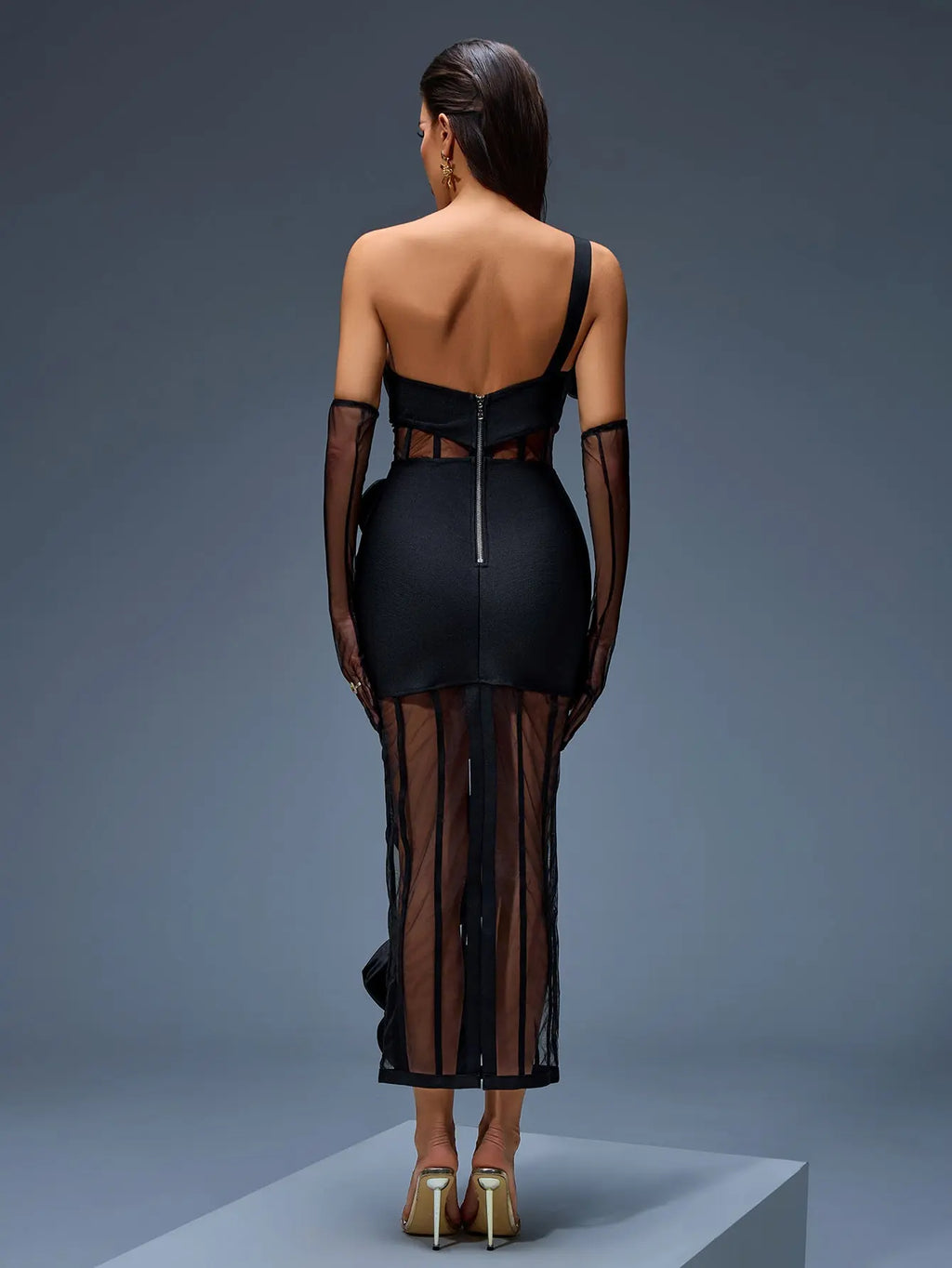 Joanna One-Shoulder Bow-Floral Mesh Dress in Black Avalabel