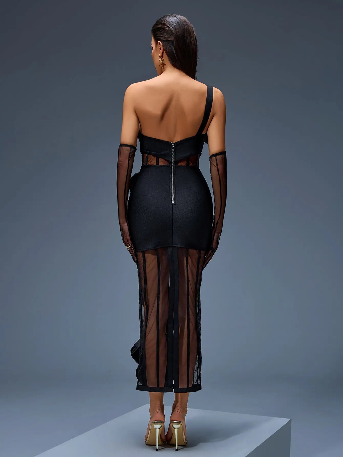 Joanna One-Shoulder Bow-Floral Mesh Dress in Black Avalabel