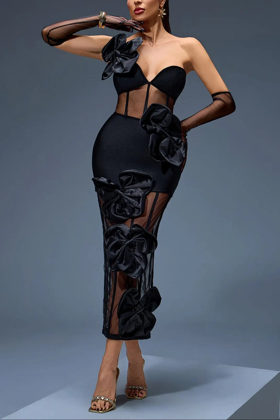 Joanna One-Shoulder Bow-Floral Mesh Dress in Black Avalabel