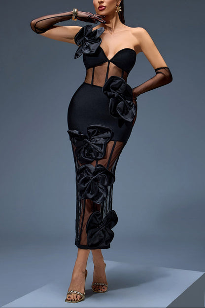 Joanna One-Shoulder Bow-Floral Mesh Dress in Black