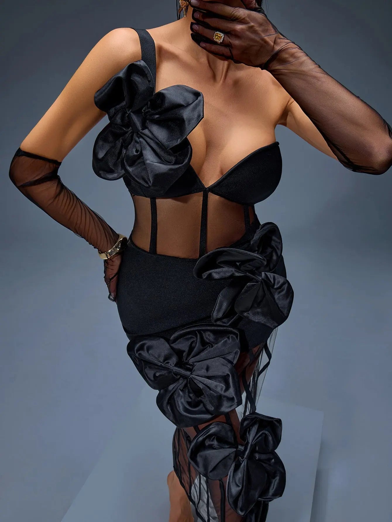 Joanna One-Shoulder Bow-Floral Mesh Dress in Black Avalabel