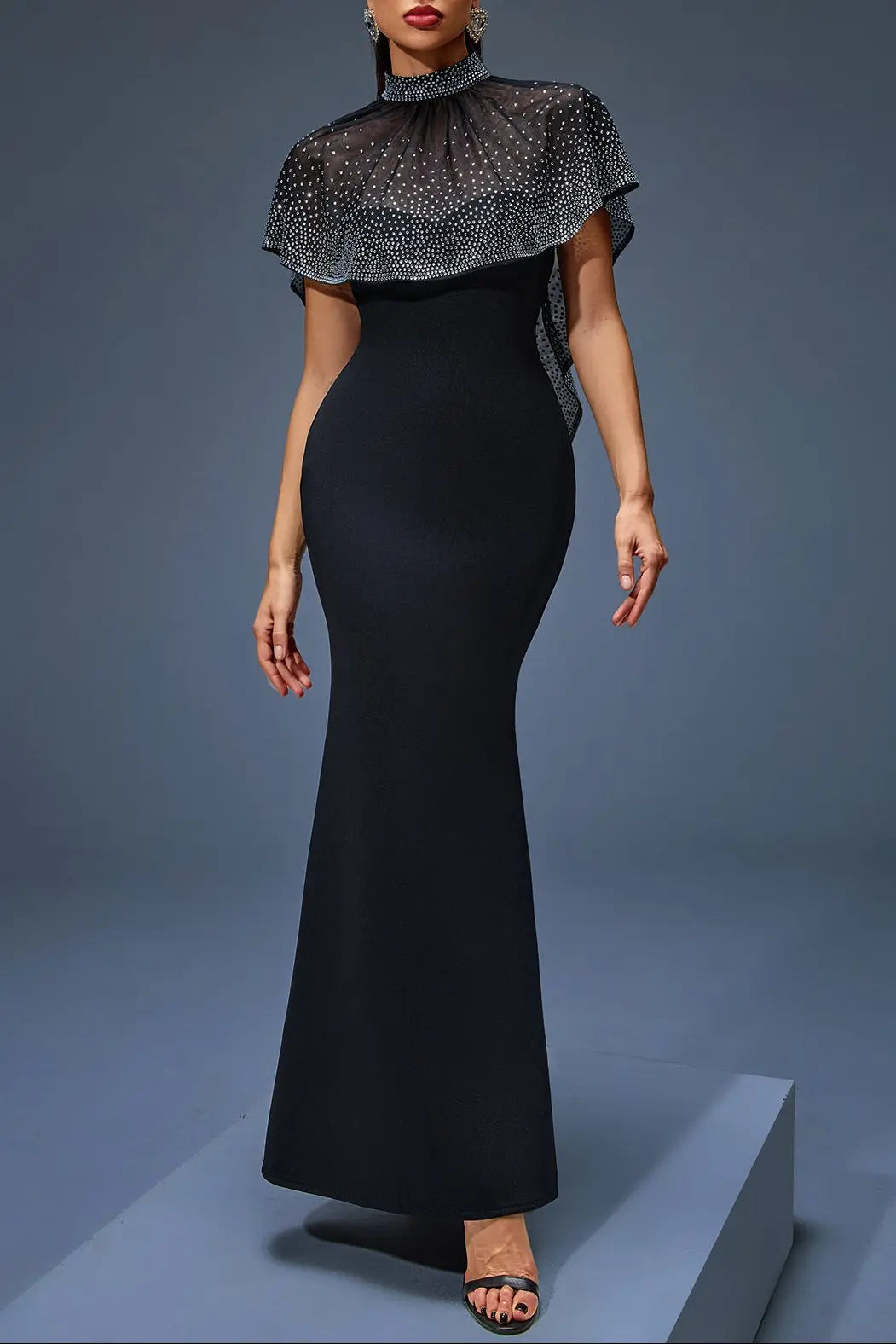 Iris Beaded Neck Tulle Cape Maxi Dress in Black Avalabel
