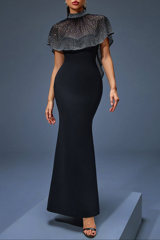 Iris Beaded Neck Tulle Cape Maxi Dress in Black