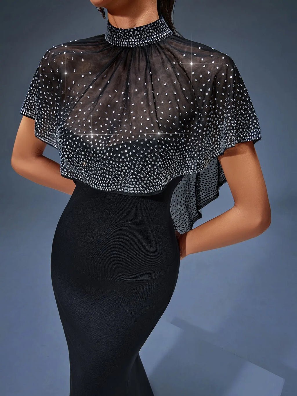Iris Beaded Neck Tulle Cape Maxi Dress in Black Avalabel