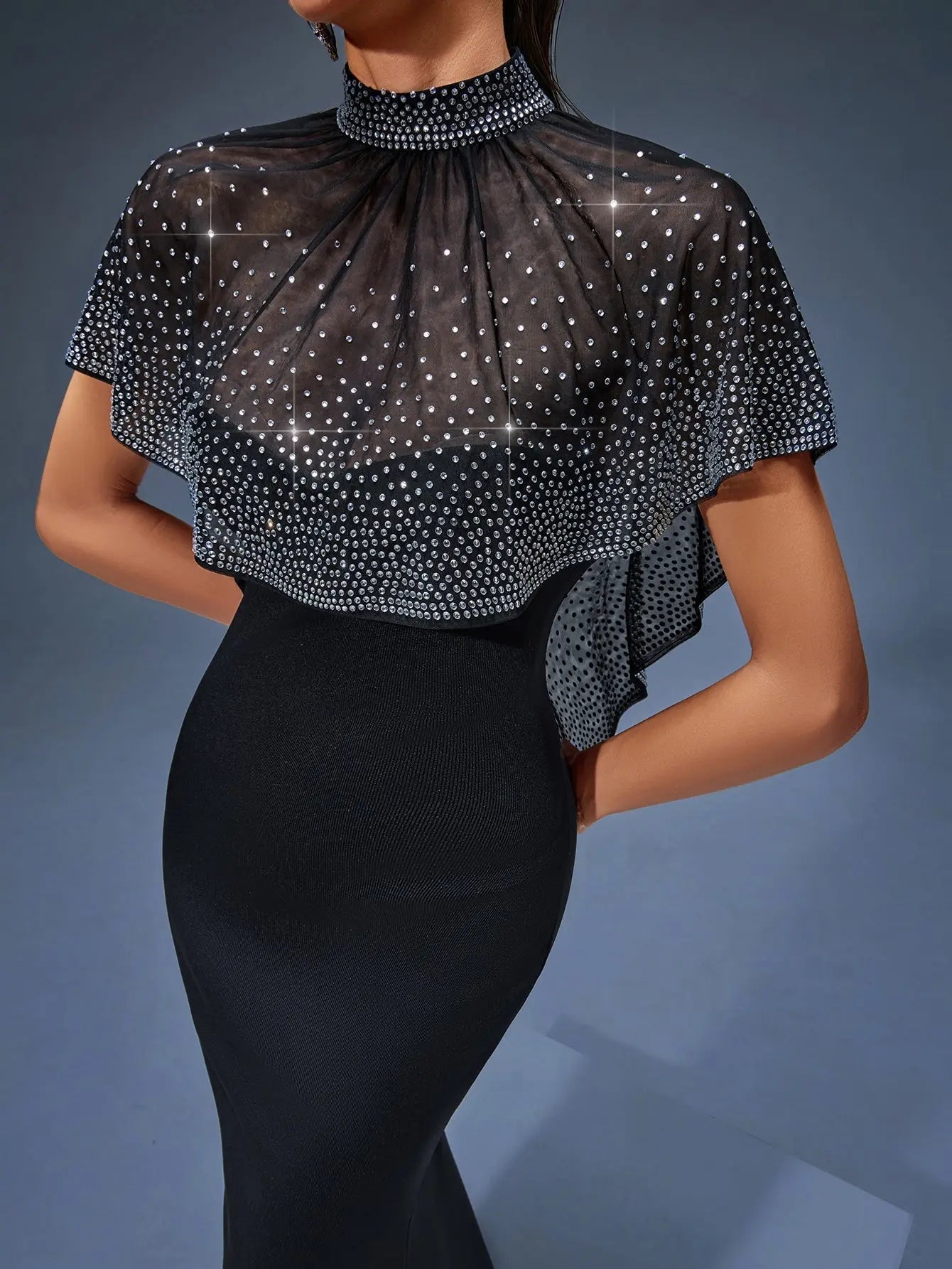Iris Beaded Neck Tulle Cape Maxi Dress in Black Avalabel