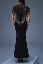 Iris Beaded Neck Tulle Cape Maxi Dress in Black Avalabel