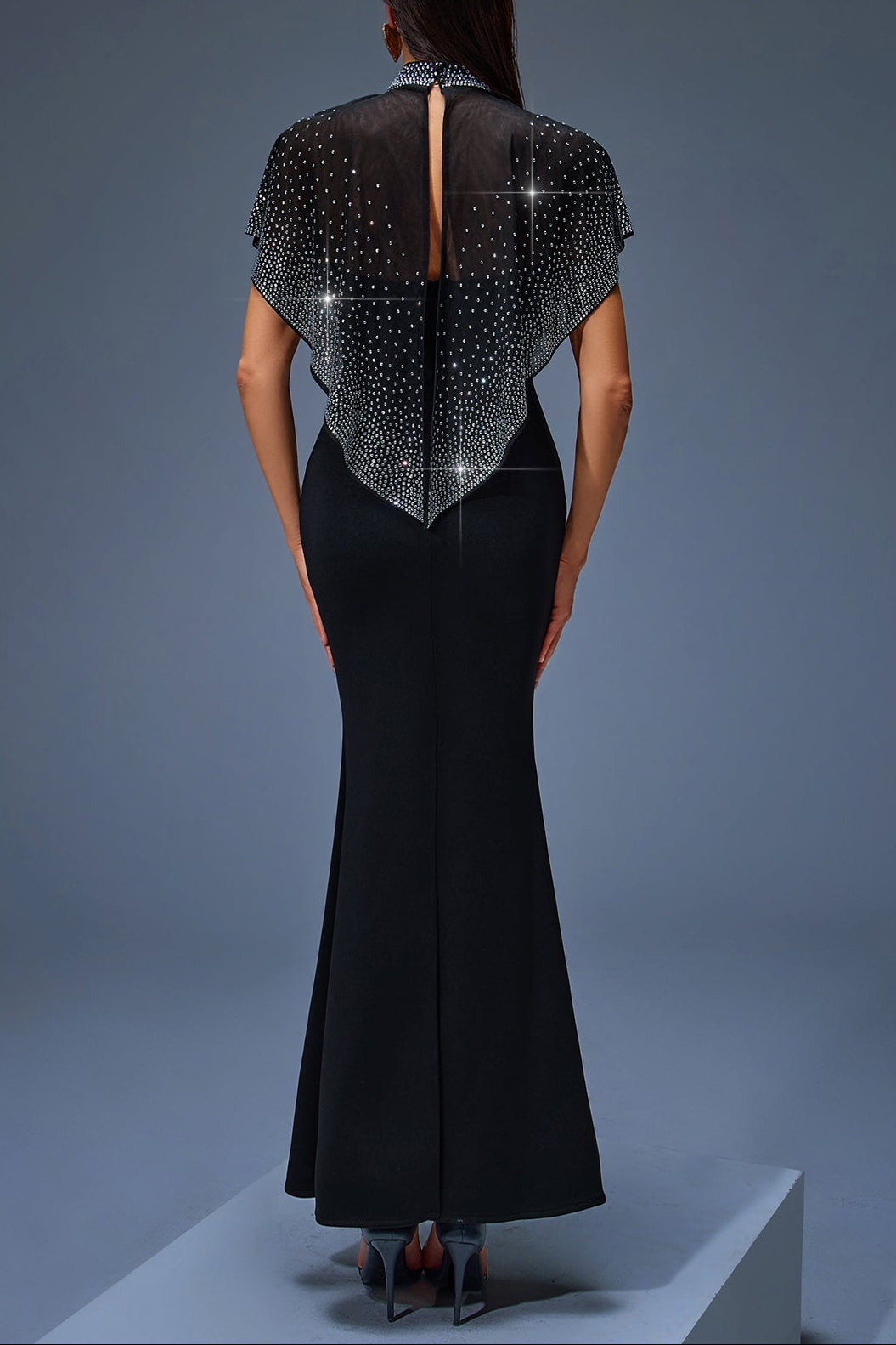 Iris Beaded Neck Tulle Cape Maxi Dress in Black