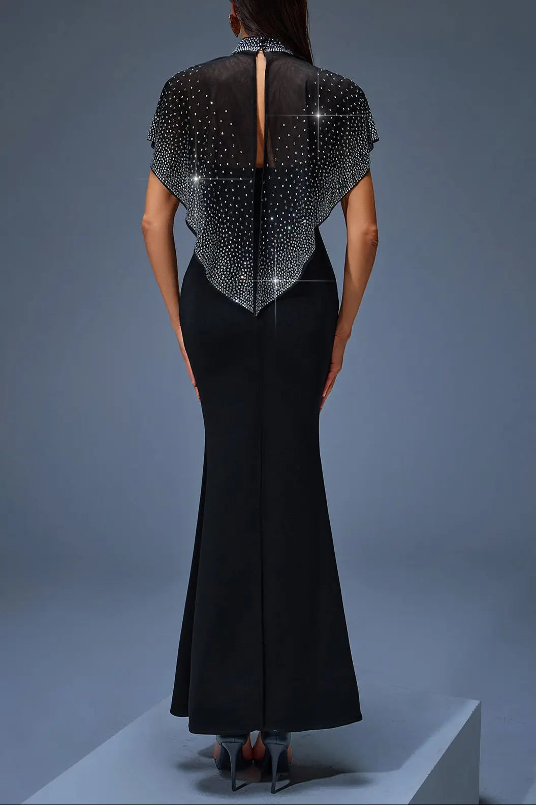 Iris Beaded Neck Tulle Cape Maxi Dress in Black Avalabel