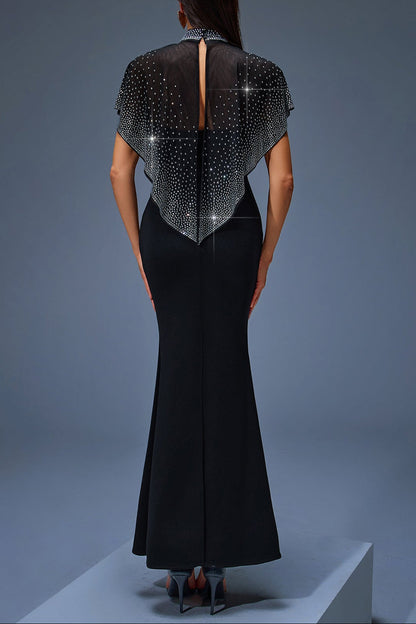 Iris Beaded Neck Tulle Cape Maxi Dress in Black