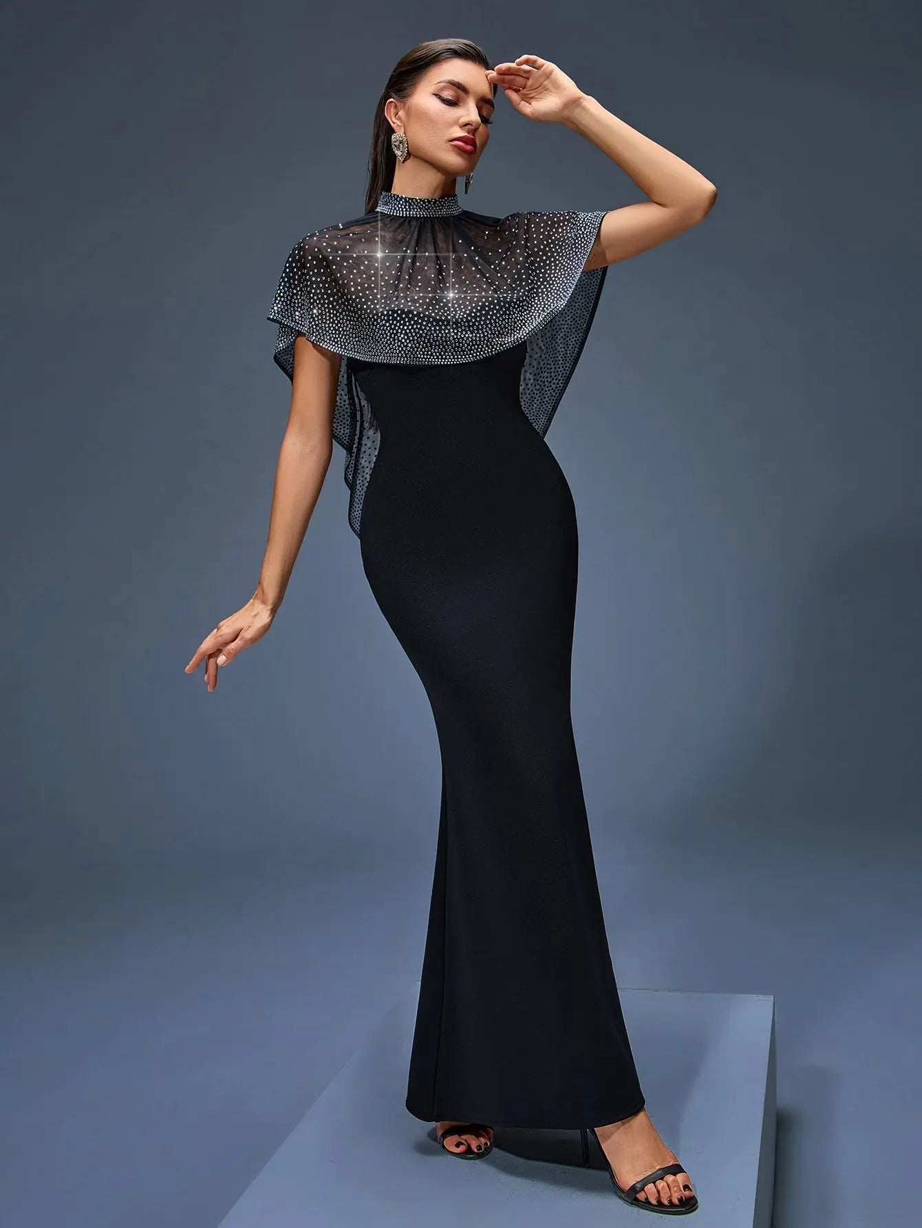 Iris Beaded Neck Tulle Cape Maxi Dress in Black Avalabel