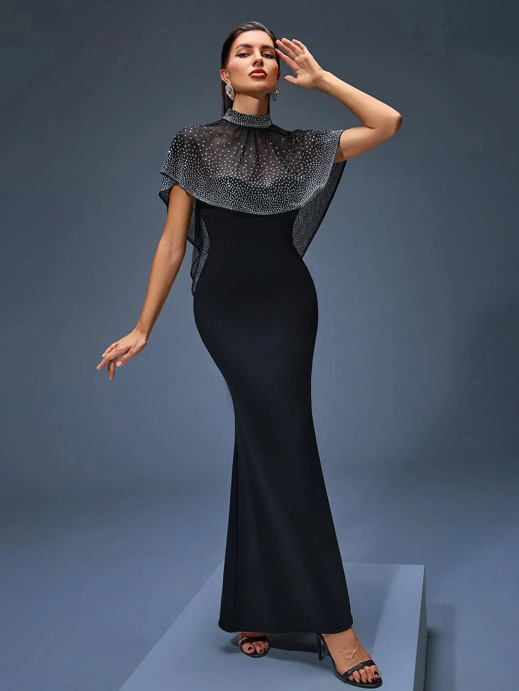 Iris Beaded Neck Tulle Cape Maxi Dress in Black Avalabel