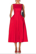 Stretch Cotton Sateen Midi Dress in red Avalabel
