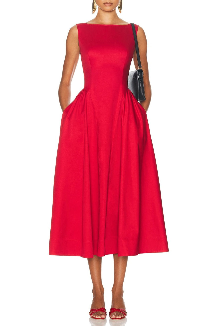 Stretch Cotton Sateen Midi Dress in red Avalabel