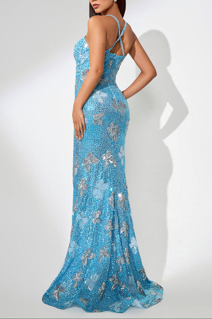 Jennifer Sequin Butterflies Embellished Maxi Dress in Blue