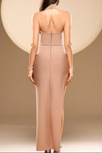 Irene Halter Pearl Embellished Maxi Dress in Nude Avalabel
