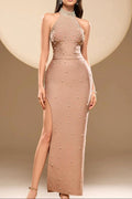 Irene Halter Pearl Embellished Maxi Dress in Nude Avalabel