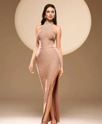 Irene Halter Pearl Embellished Maxi Dress in Nude Avalabel
