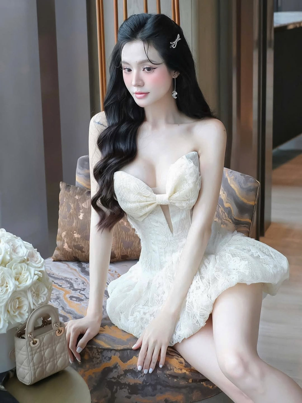Emma Bowknot Hollow Tube Top Mini Dress in Beige Avalabel
