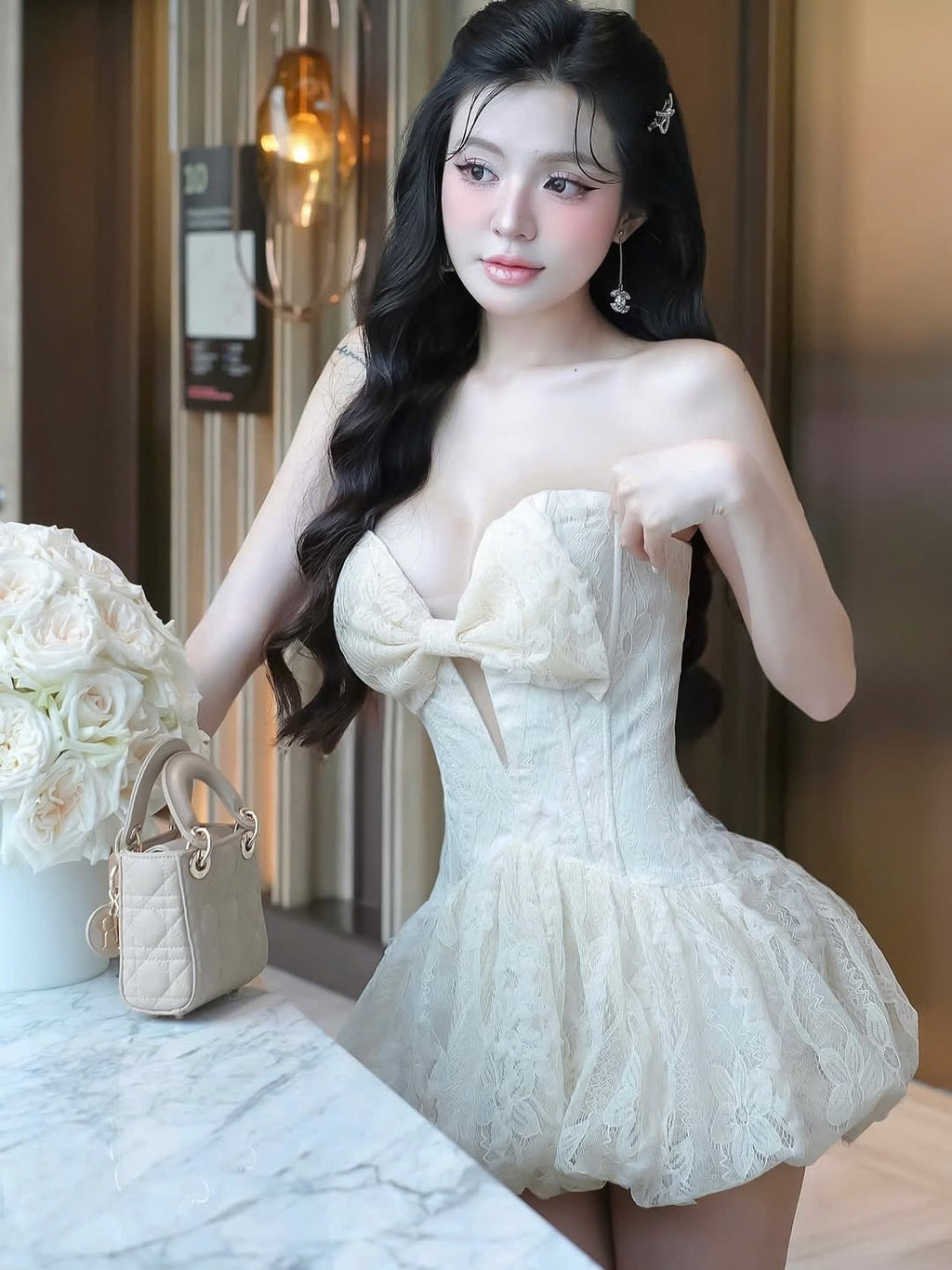 Emma Bowknot Hollow Tube Top Mini Dress in Beige Avalabel
