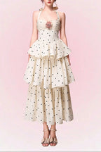Roberta Polka Dots Applique Halter Layer Midi Dress - Apricot Avalabel