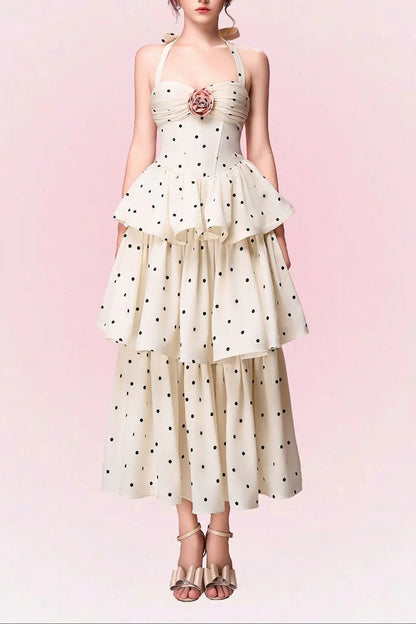Roberta Polka Dots Applique Halter Layer Midi Dress - Apricot Avalabel