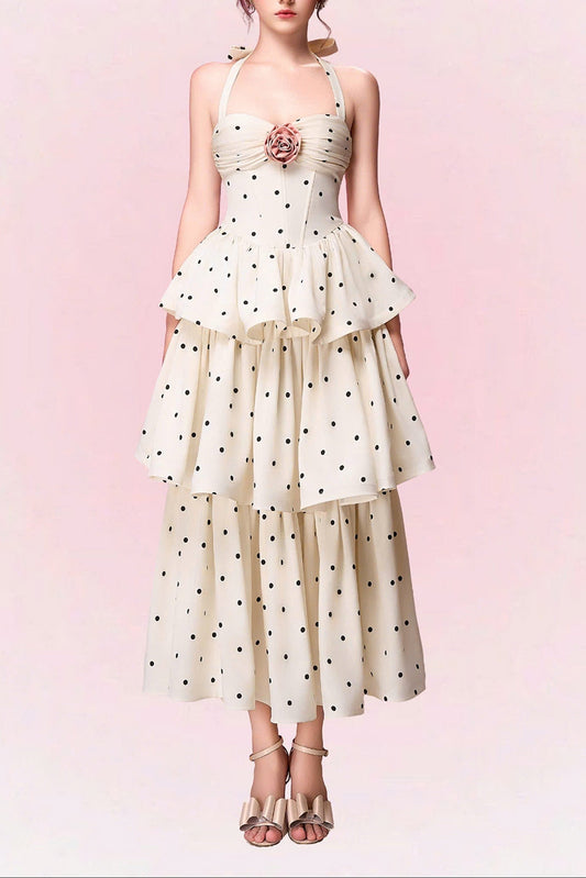 Roberta Polka Dots Applique Halter Layer Midi Dress - Apricot