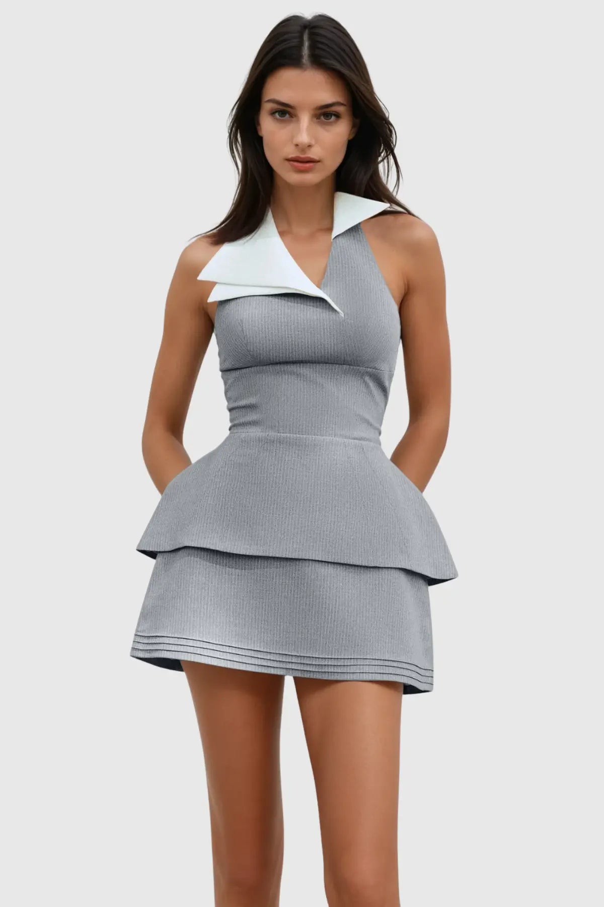 tiffany Halter Layered Pinstripe Mini Dress Avalabel