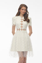 Henrietta Ivory Sequin Mini Dress with Mesh Panels Avalabel