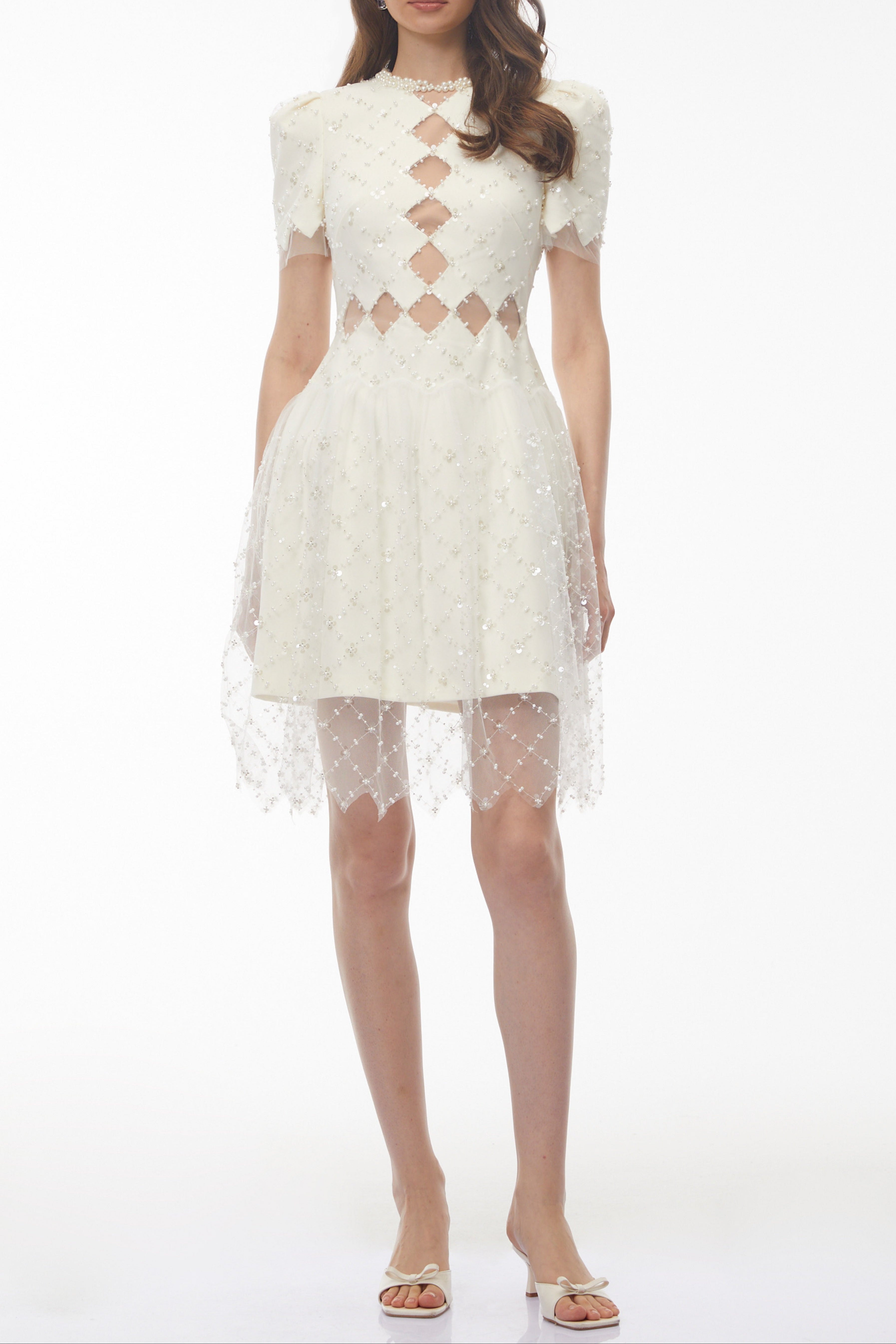 Henrietta Ivory Sequin Mini Dress with Mesh Panels Avalabel