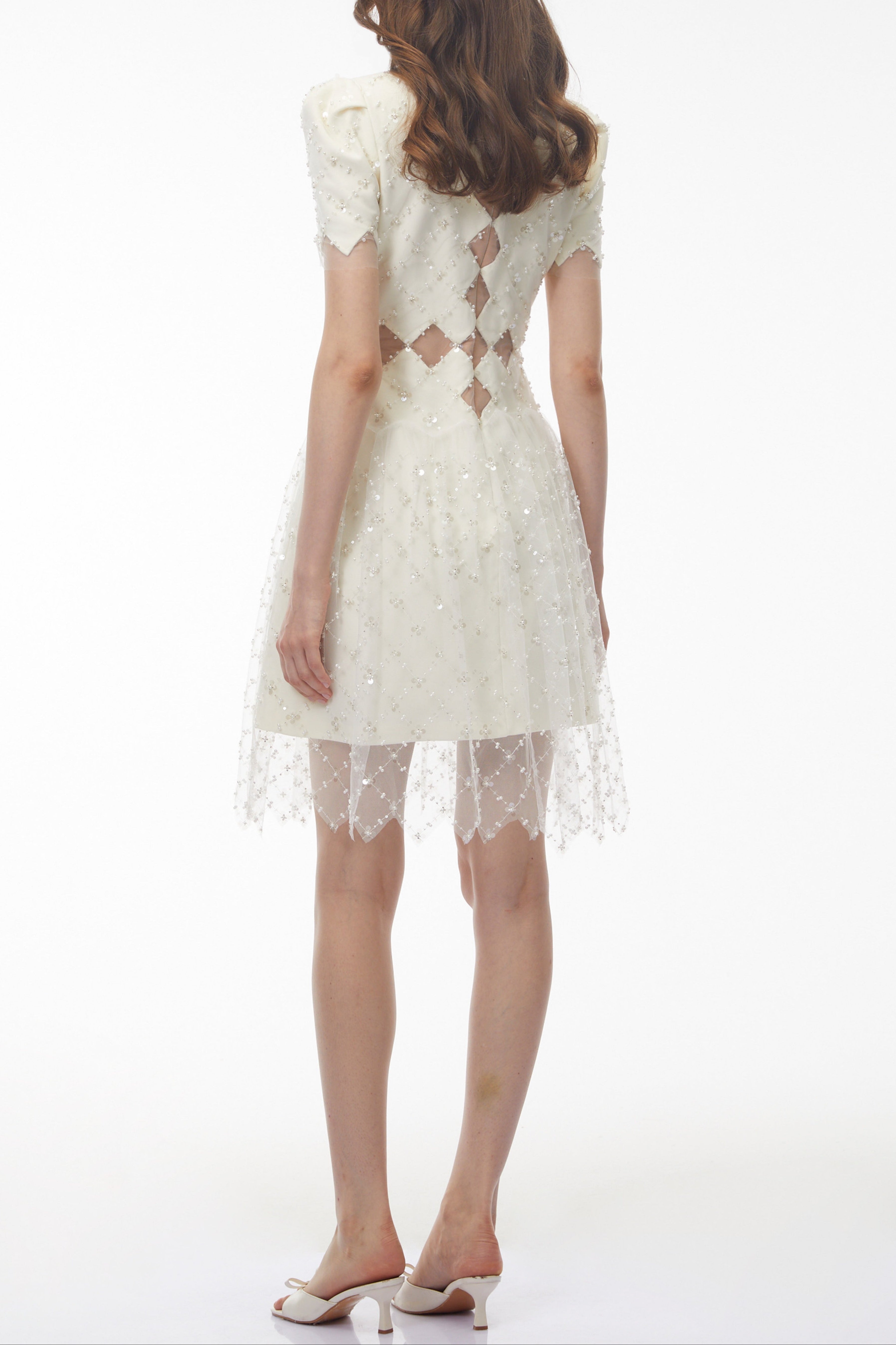 Henrietta Ivory Sequin Mini Dress with Mesh Panels Avalabel