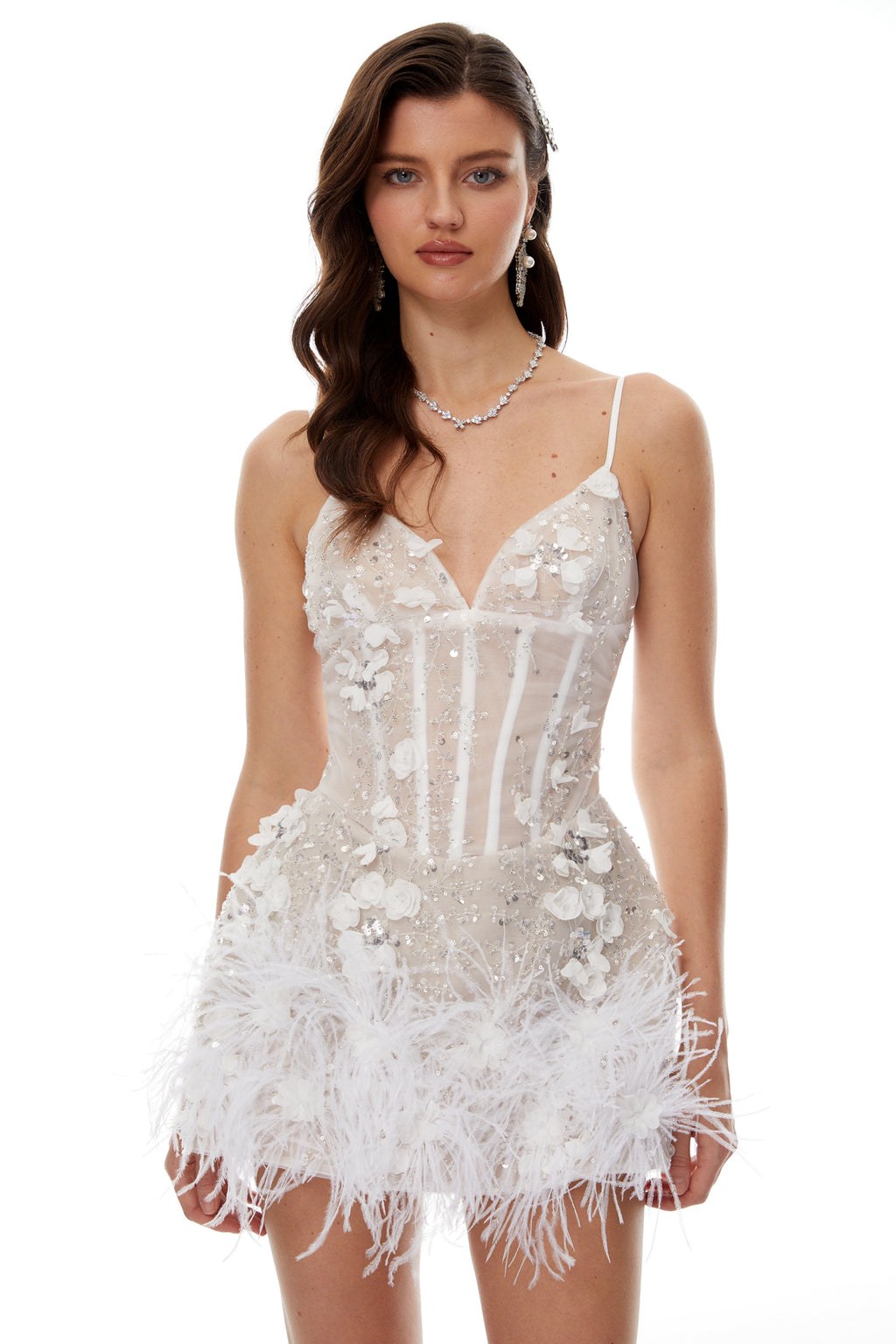 Carlin White 3D Petal Sequin Mini Dress with Feather Trim Avalabel