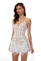 Carlin White 3D Petal Sequin Mini Dress with Feather Trim Avalabel