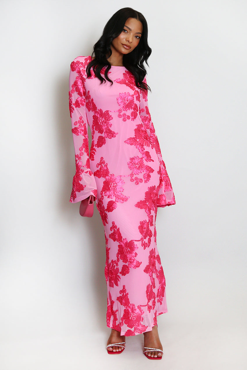 Floral Lace Lined Flute Cuffs Midi Dress Soraya
