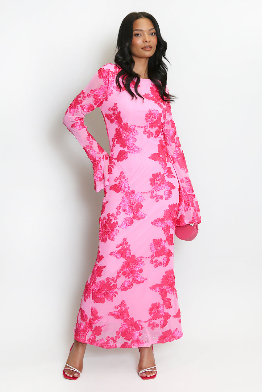 Floral Lace Lined Flute Cuffs Midi Dress Soraya