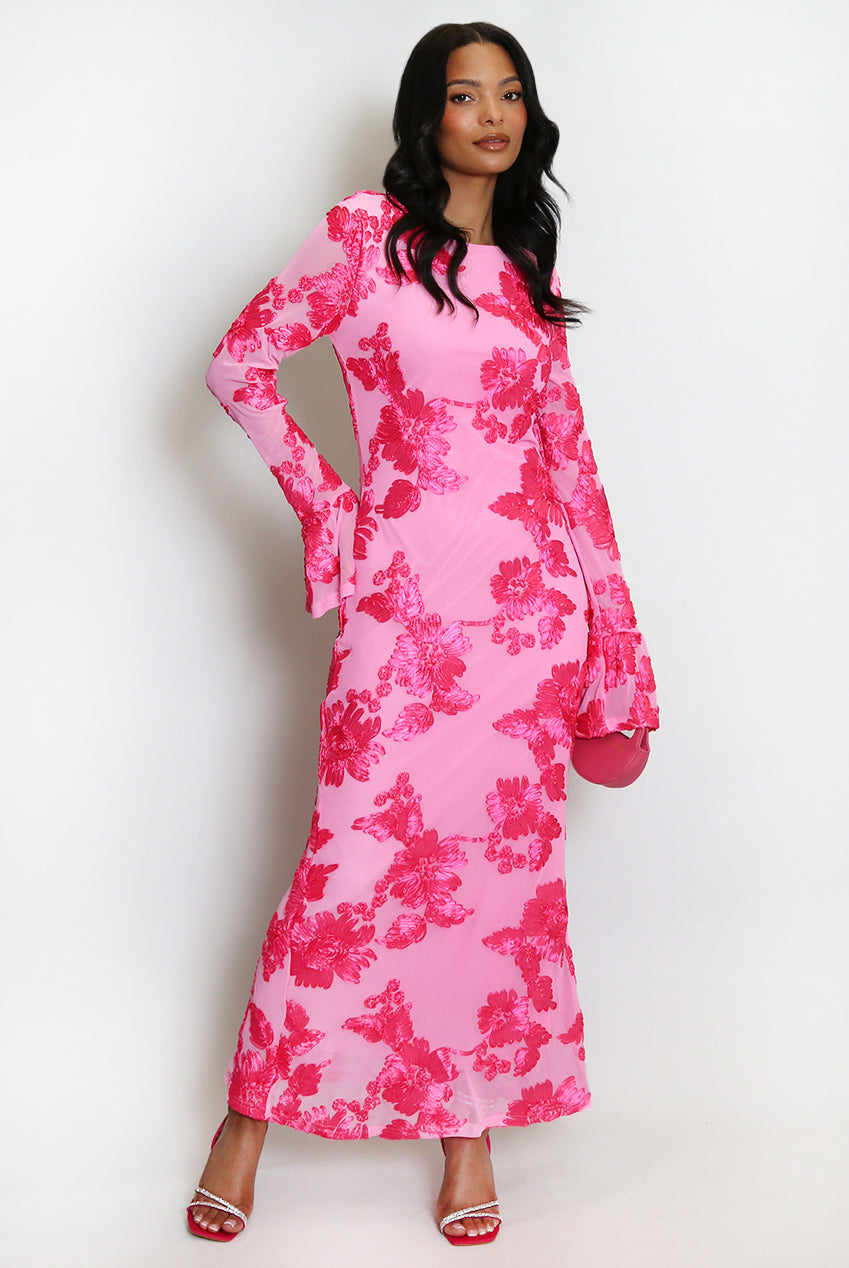 Floral Lace Lined Flute Cuffs Midi Dress Soraya
