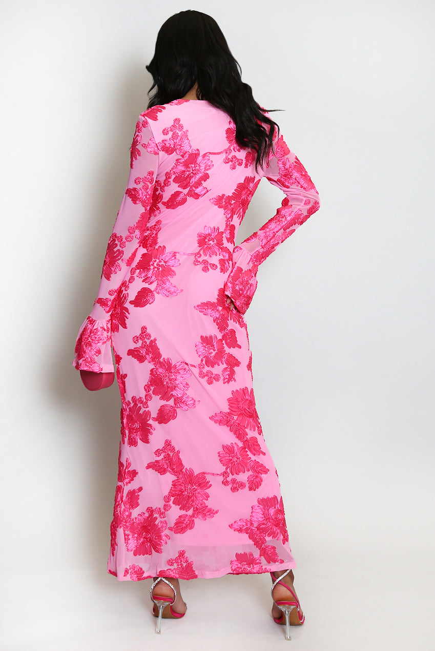 Floral Lace Lined Flute Cuffs Midi Dress Soraya